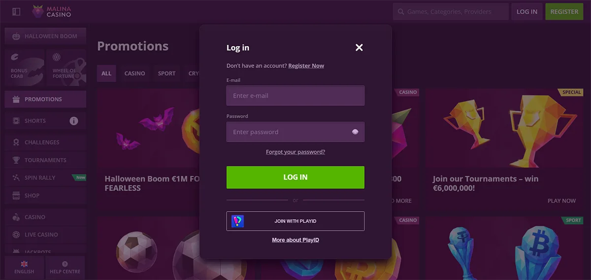 Malina Casino login pop-up in English featuring email and password fields, a “Forgot your password?” link, a green “Log In” button, and an option to join or sign in with PlayID.