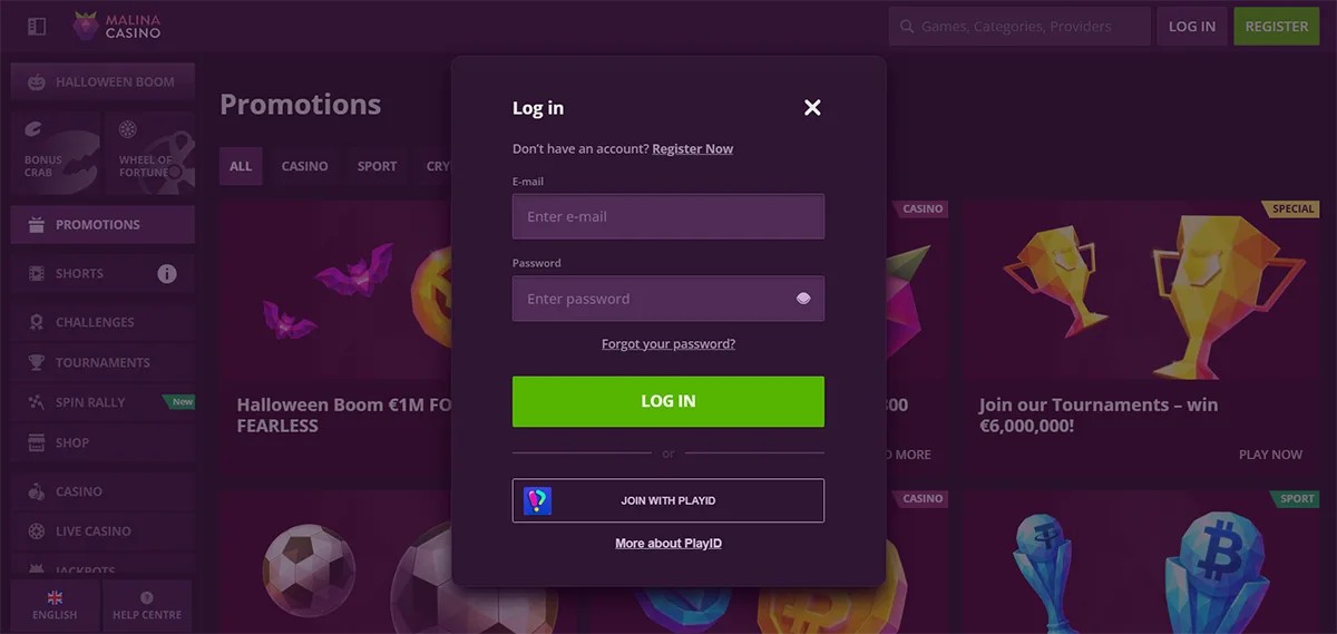 Malina Casino login pop-up in English featuring email and password fields, a “Forgot your password?” link, a green “Log In” button, and an option to join or sign in with PlayID.