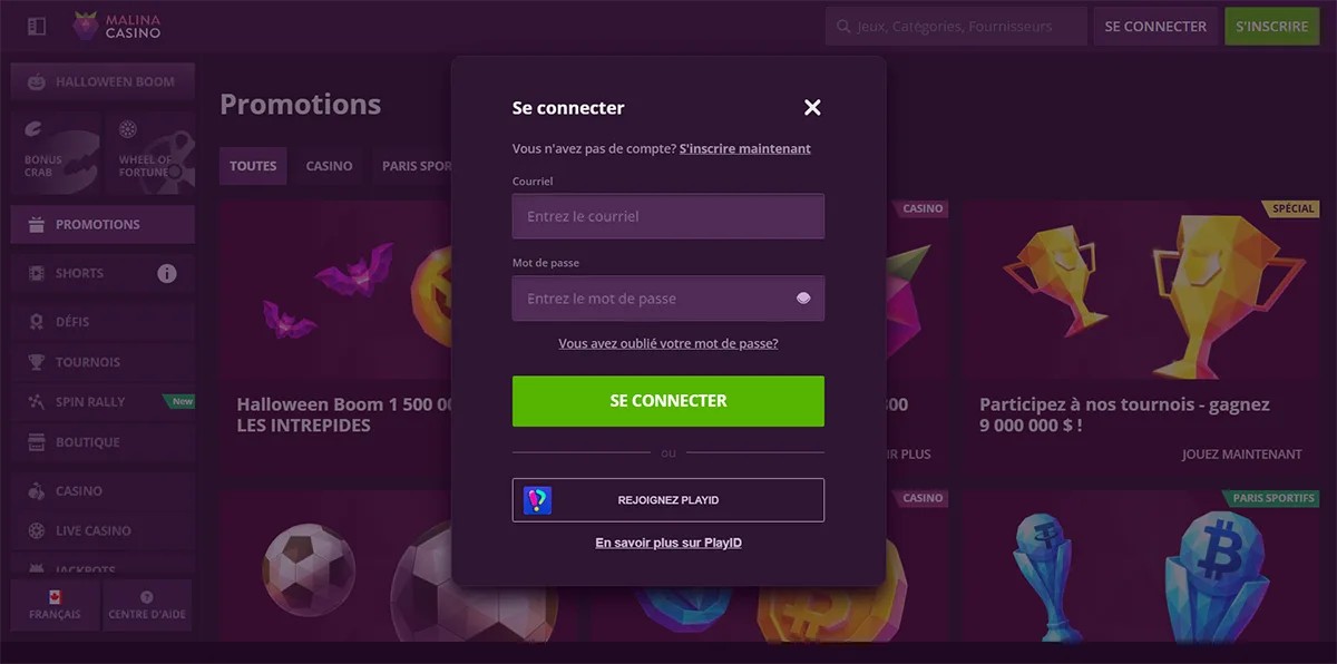 Malina Casino French login pop-up showing email and password fields, a “Forgot your password?” link, a green “Se connecter” button, and an option to join with PlayID.