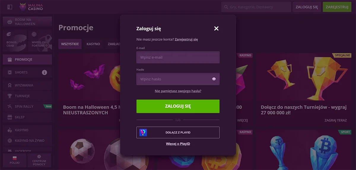 Malina Casino Polish login pop-up featuring email and password fields, a “Forgot your password?” link, a green “Zaloguj się” button, and an option to log in using PlayID.