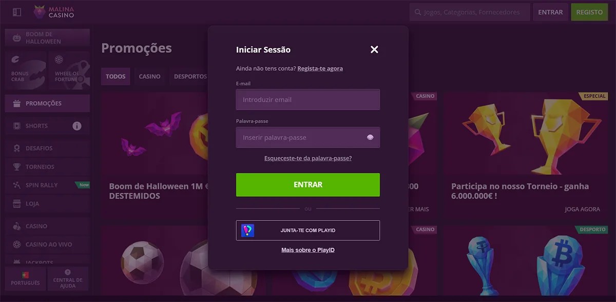 Malina Casino login modal in Portuguese featuring email and password input fields, a “Forgot your password?” link, a green “Enter” button, and an alternative option to sign in using PlayID.